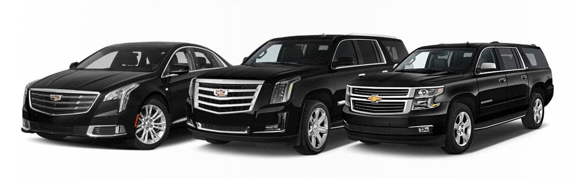 Town and Country Car Service fleet: Cadillac sedan, Cadillac Escalade, and Chevy Suburban